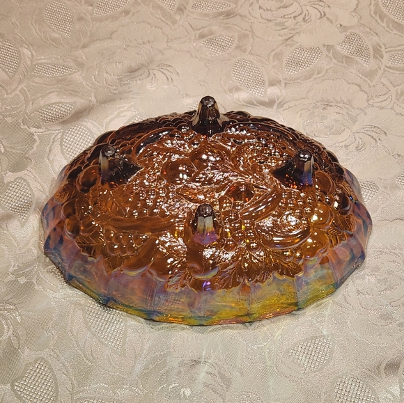 VTG Amber Iridescent, Footed Oval Indiana Carnival Glass, Harvest Fruit Bowl - Picture 9 of 9